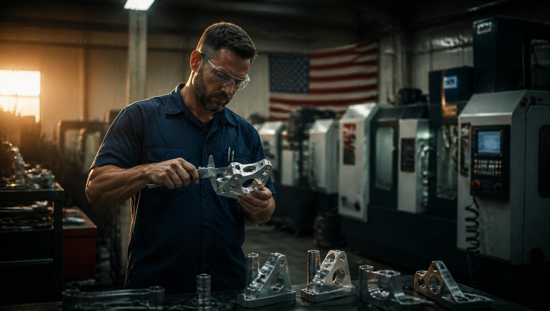 American machinist inspecting a precision-milled aluminum aerospace bracket on a US CNC shop floor with the US flag in the background