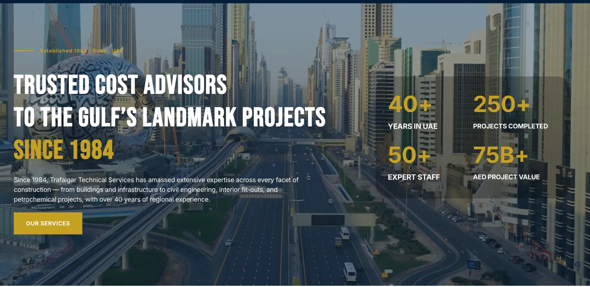 Desktop view of the Trafalgar Technical Services Dubai website built by Kalk Solutions