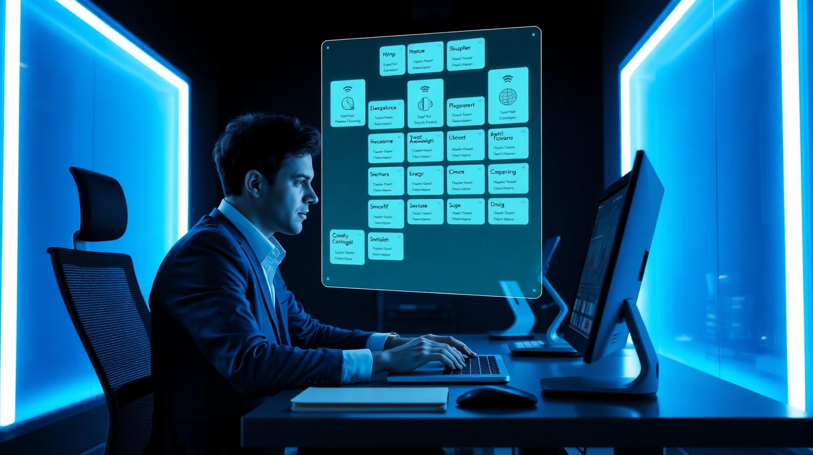 Procurement manager using AI chat interface to shortlist manufacturing suppliers with holographic overlay