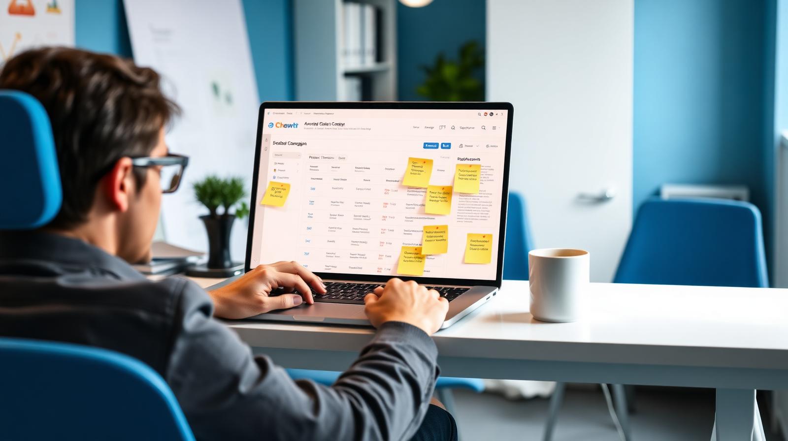 B2B sales manager reviewing an outbound email campaign dashboard at a clean office desk