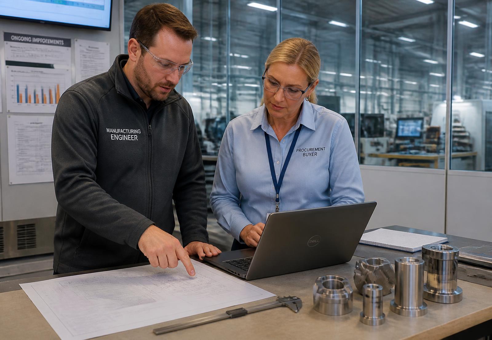 Manufacturing engineer and procurement buyer reviewing a technical drawing and supplier capability data