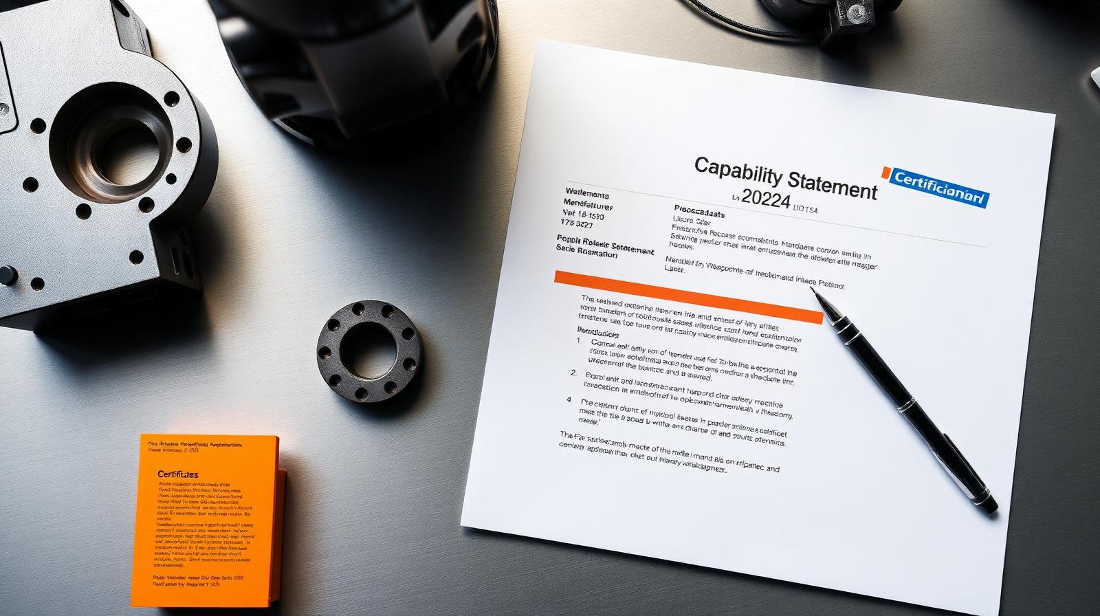 Polished capability statement document with company logo, certifications, and machined parts on a desk