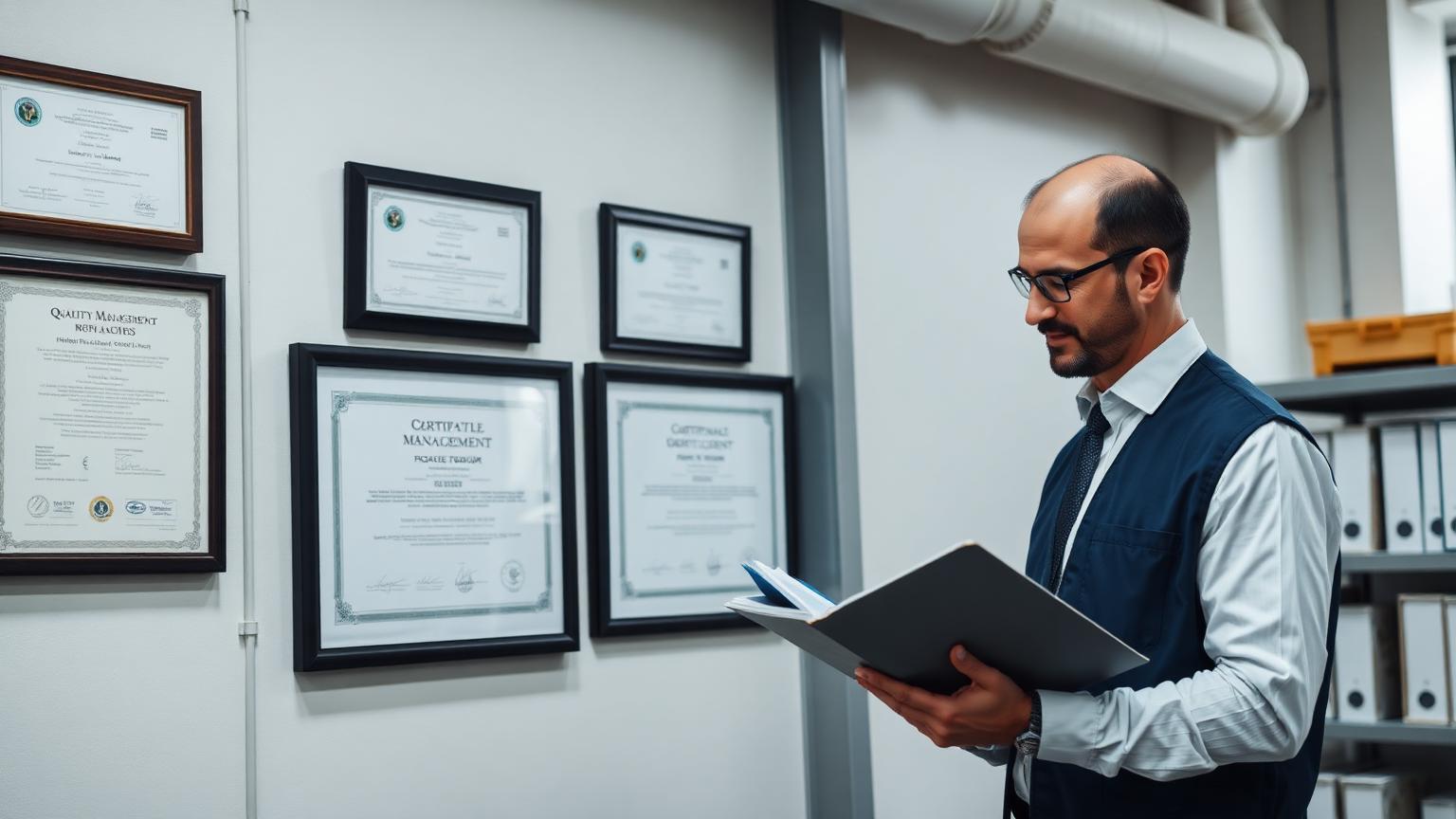 Quality manager reviewing certification documents in a manufacturing facility