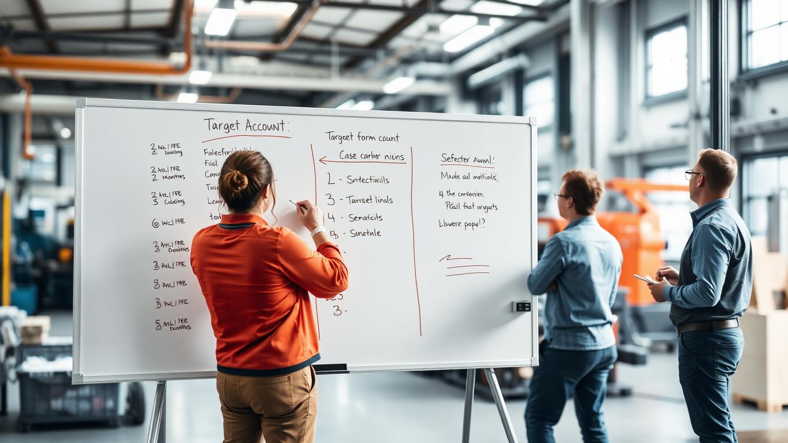 Whiteboard with a ranked list of target OEM accounts in a manufacturing sales office
