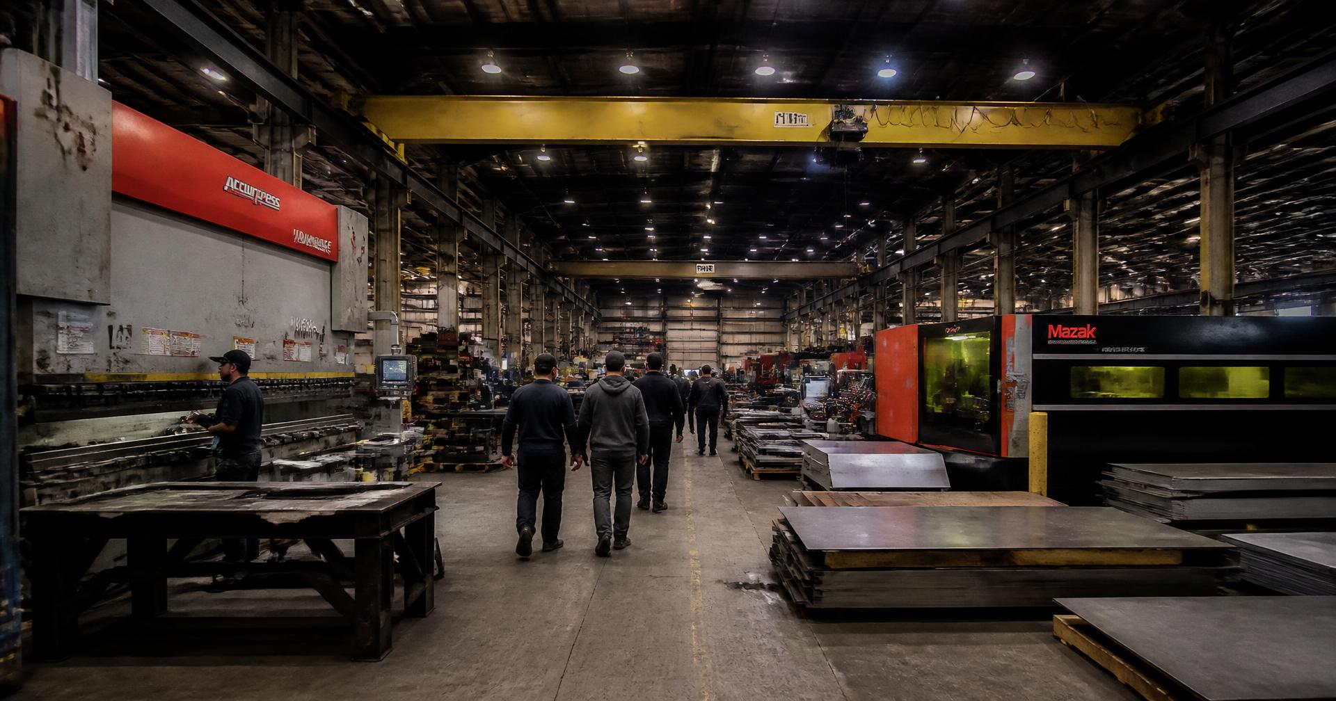 Wide view of a US metal fabrication shop floor with press brakes and laser cutting cells