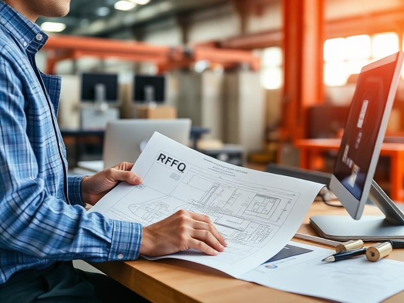 Engineer preparing an RFQ with a technical drawing at a manufacturing office desk