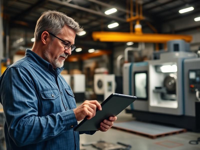 Buyer reviewing machine shop capabilities and equipment on a tablet on the shop floor