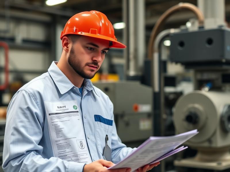 Quality inspector checking certification and inspection documents in a machine shop