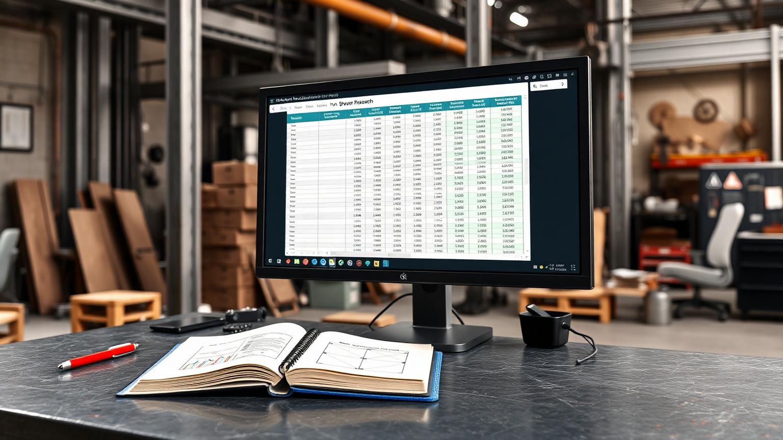 Shop manager reviewing a stack of RFQ documents and a spreadsheet of keyword combinations