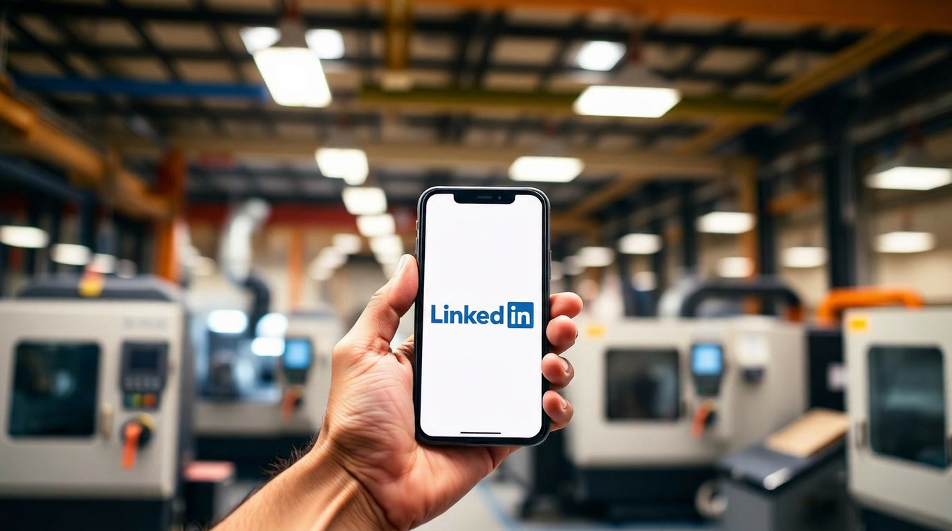 LinkedIn logo over Indian factory machinery showing founder authority building for manufacturers