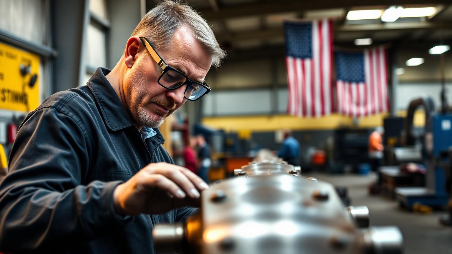American flag displayed on a manufacturing shop floor next to finished metal parts
