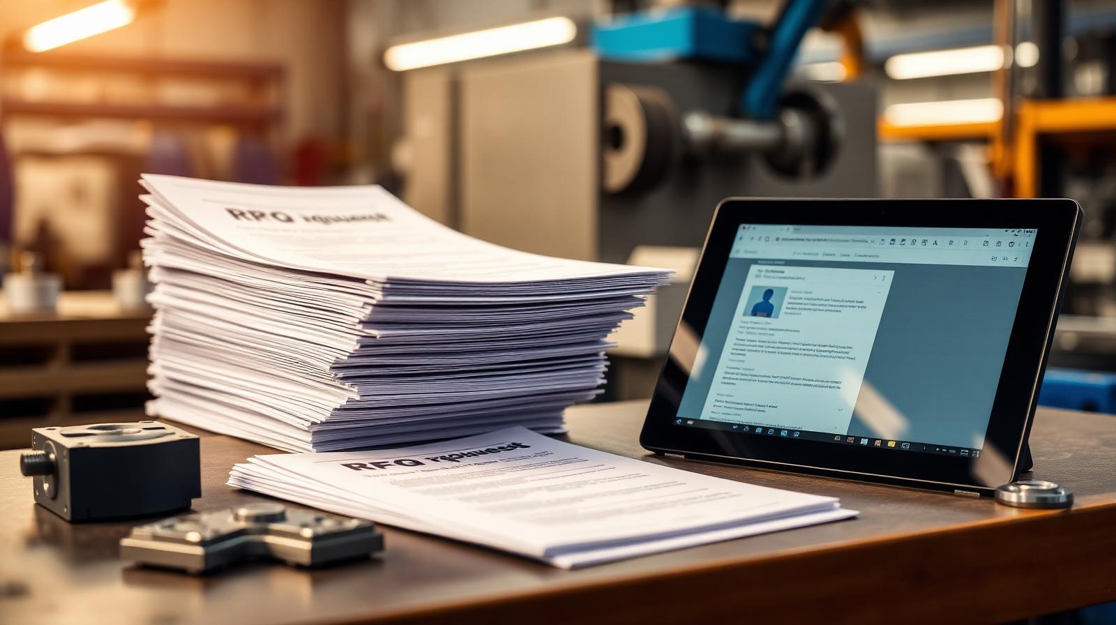 Stack of printed RFQ documents and a tablet showing email inquiries on a CNC shop floor