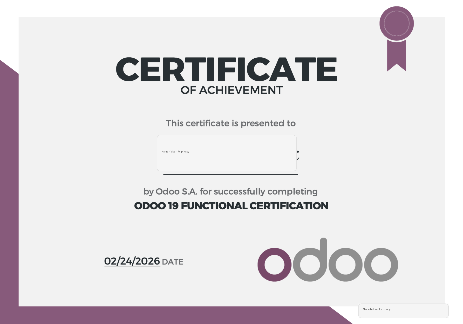 Odoo functional certification with personal name hidden