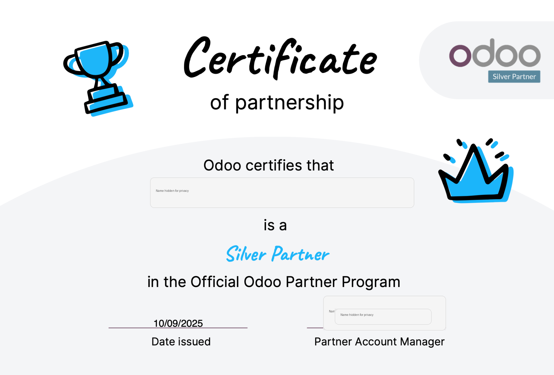Odoo Silver Partner certificate with company name hidden