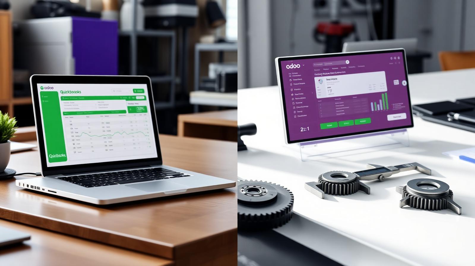 Laptop showing QuickBooks accounting next to a tablet showing Odoo manufacturing ERP with CNC parts