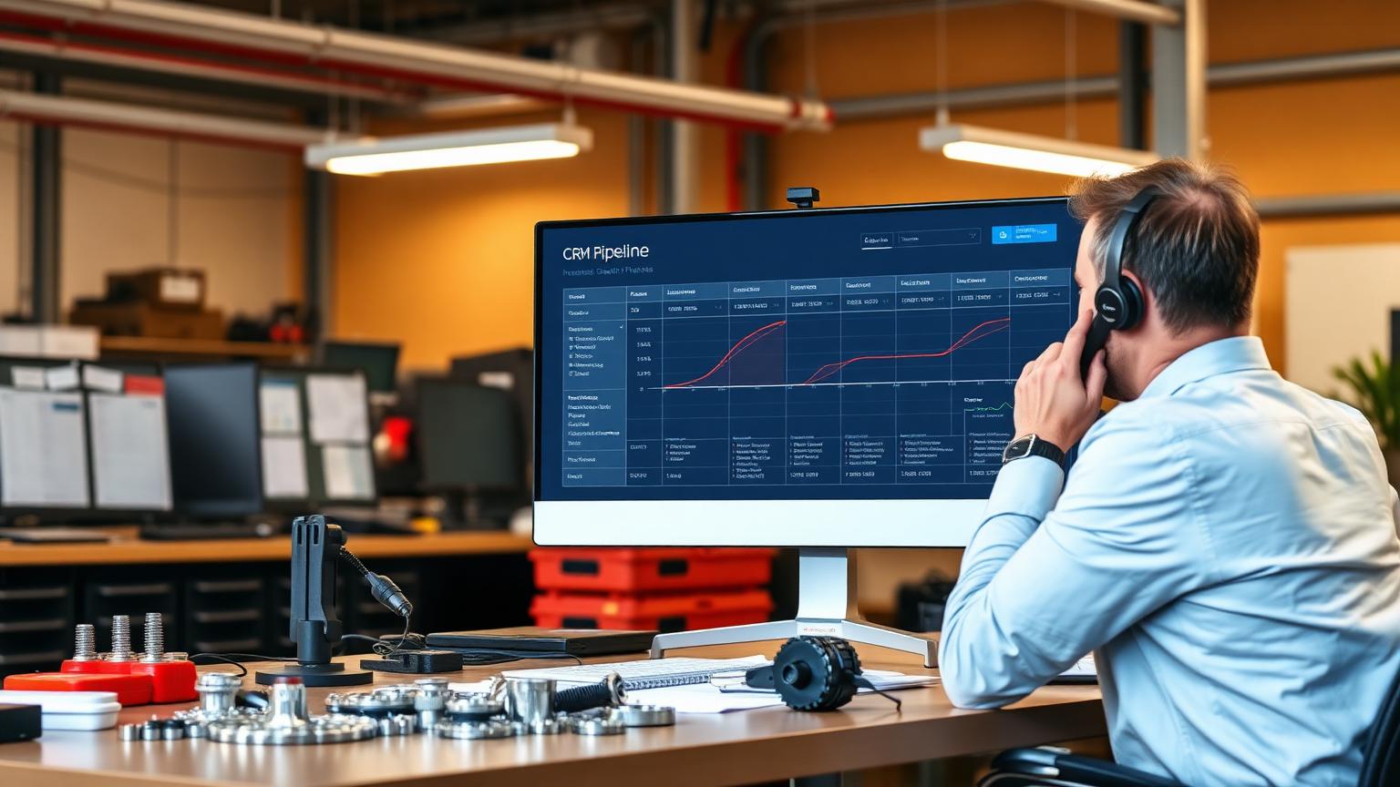 Sales funnel diagram on a screen next to a CRM dashboard in a manufacturing sales office