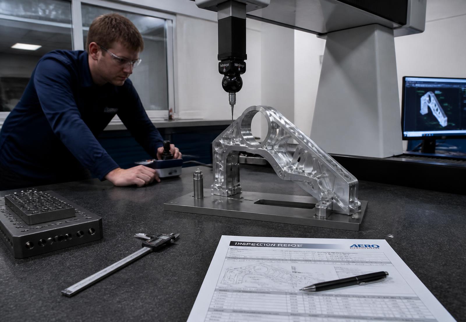 Quality engineer running a CMM inspection on a machined aluminum component in a US precision shop