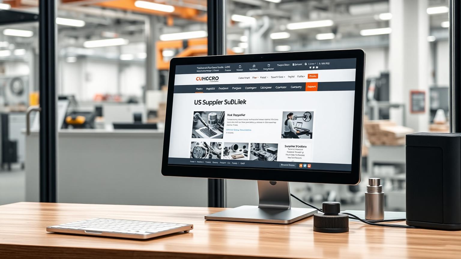 Procurement engineer reviewing a US manufacturer's website on a laptop next to shop floor equipment