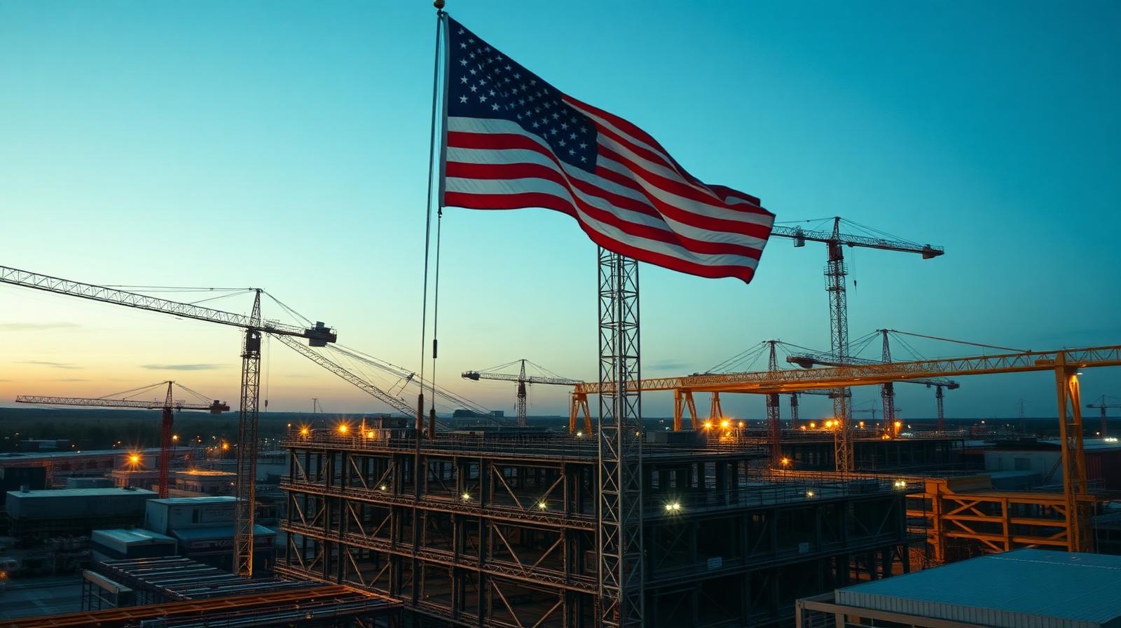 American manufacturing facility under construction with cranes and US flag at dusk