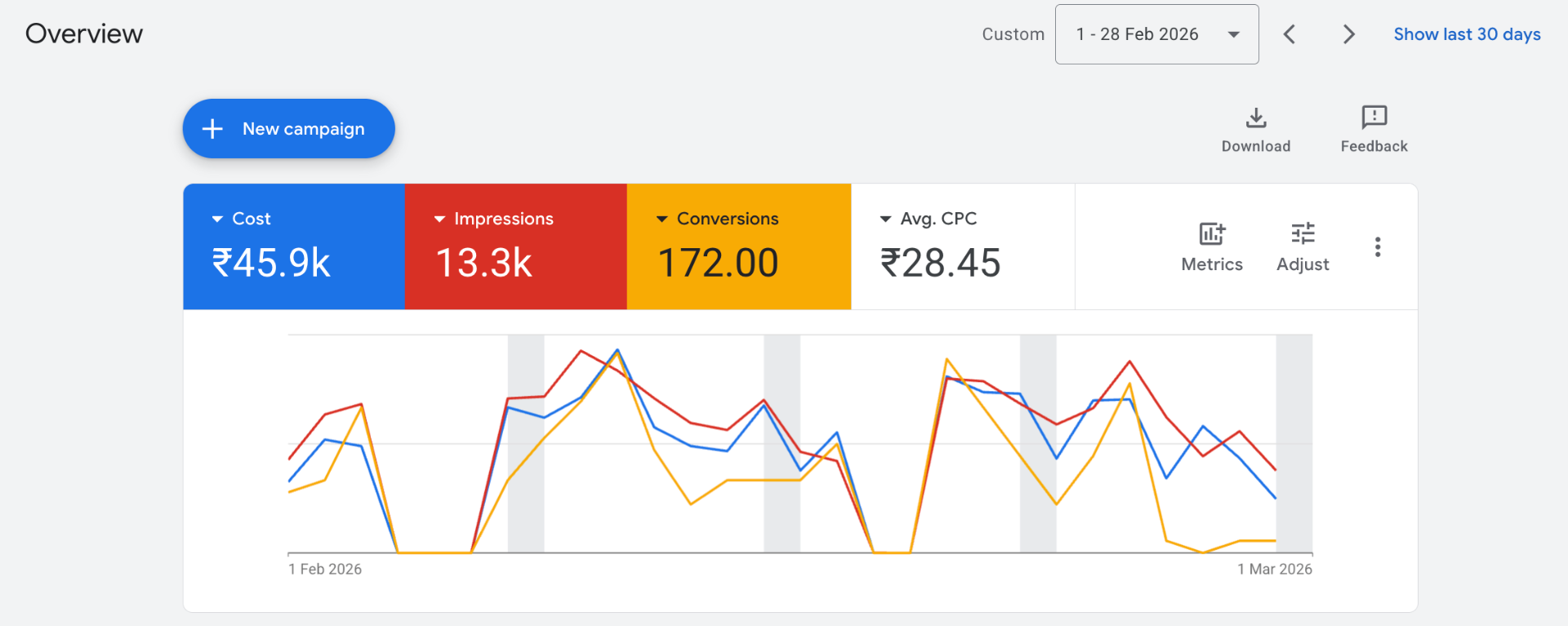 Google Ads dashboard showing 172 conversions on ₹45.9k spend with ₹28.45 average CPC for a manufacturing client