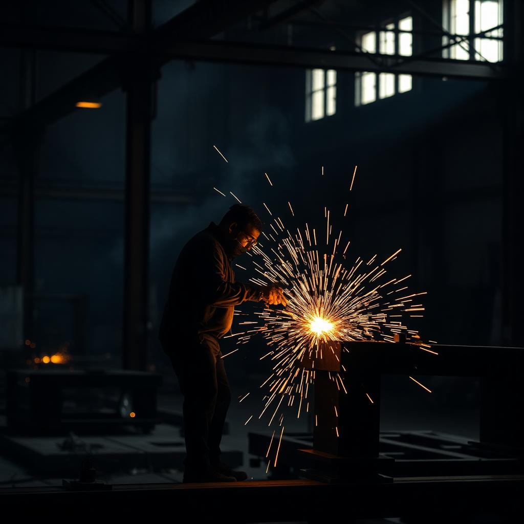 Indian steel fabrication shop workers welding structural steel inside a modern MIDC workshop