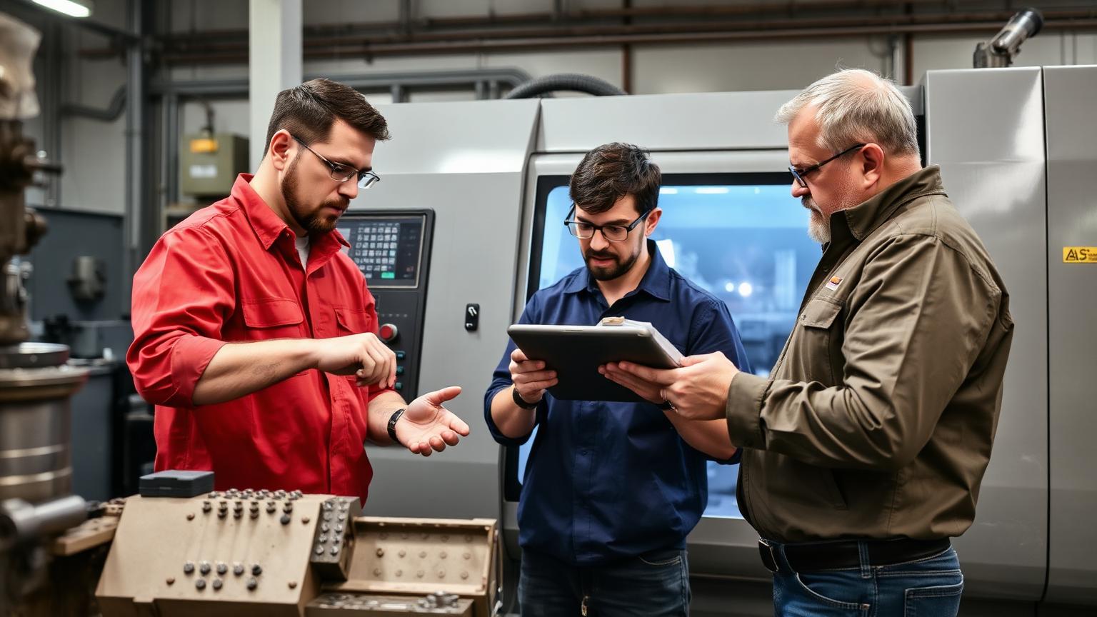 Shop-floor supervisor discussing a technical drawing with an operator at a CNC machine