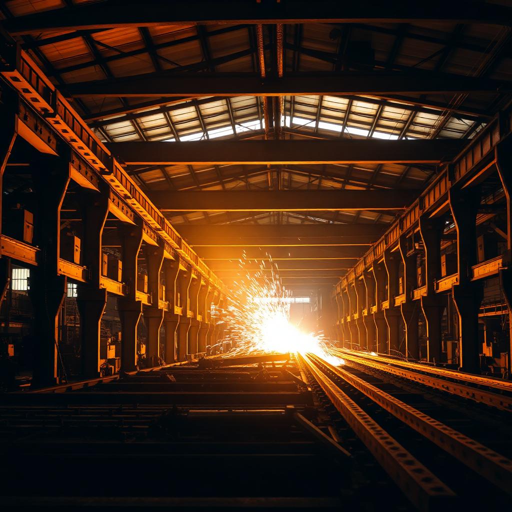 Indian steel fabrication workshop with structural beams and welding sparks for UAE Europe export