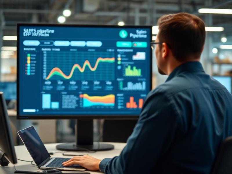 Manager reviewing a CRM sales pipeline dashboard in a factory office