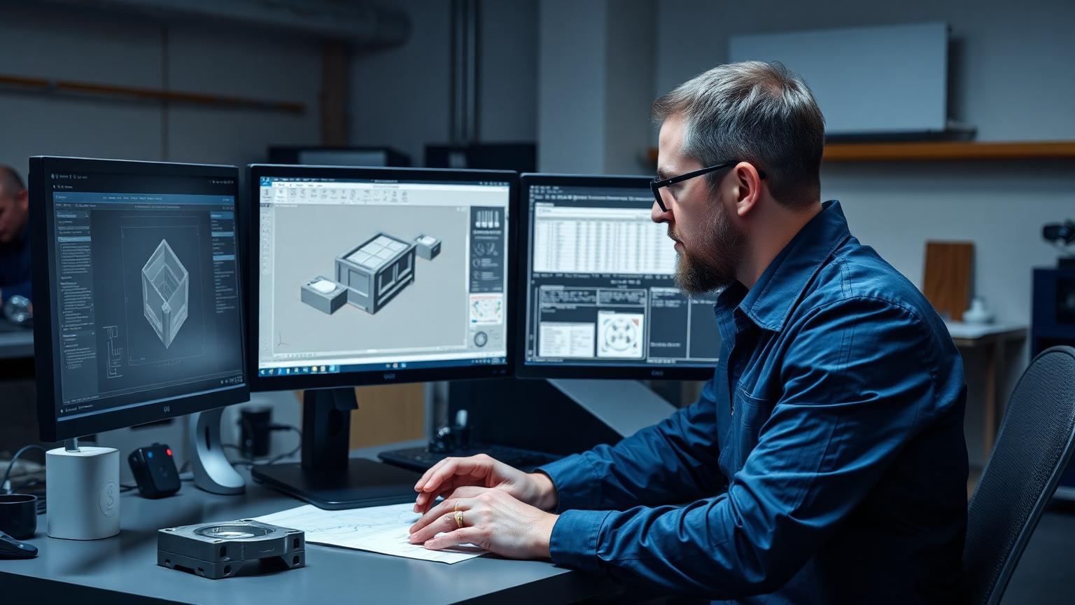Engineer reviewing technical drawings and specifications with a manufacturing supplier