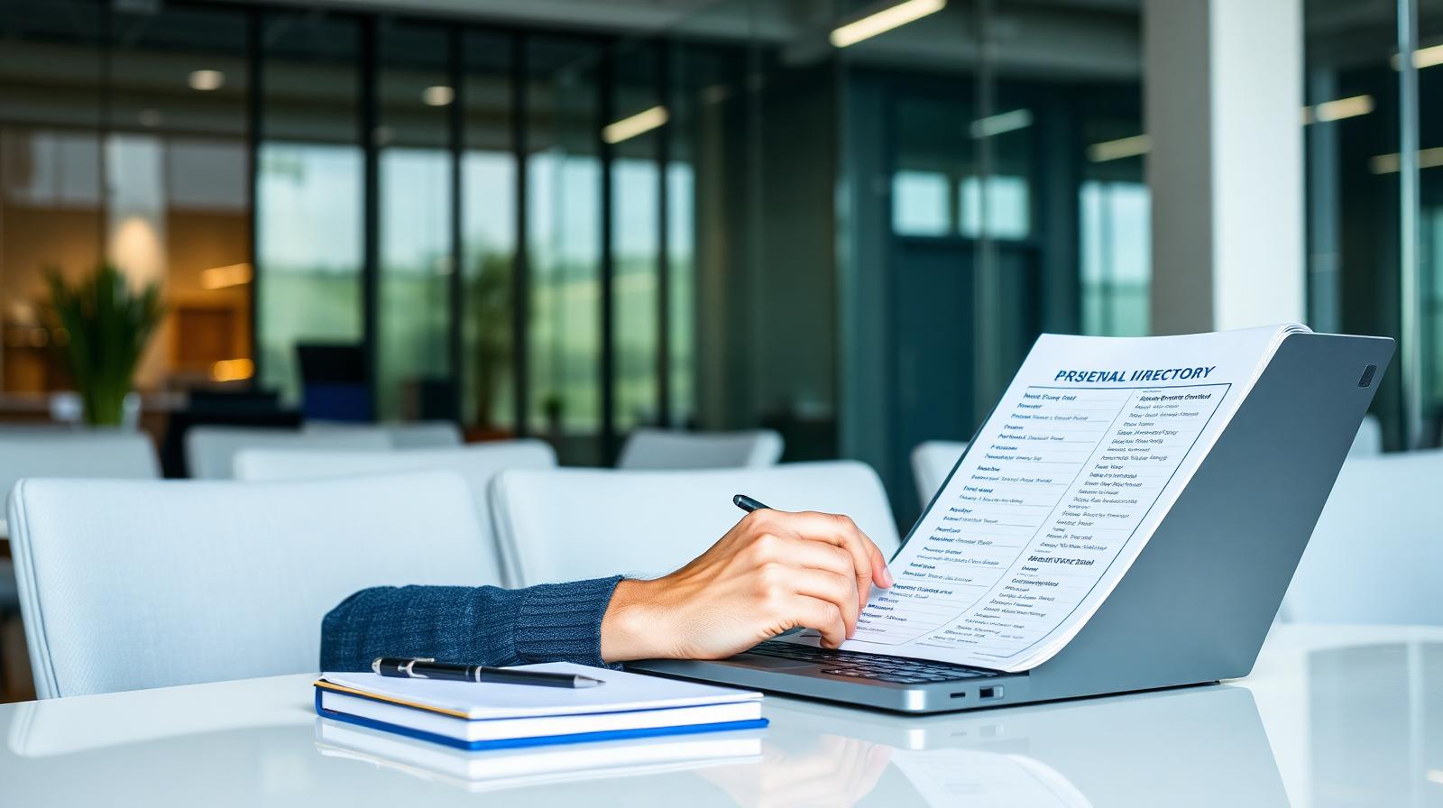 Procurement buyer browsing an industrial directory on a laptop in a modern corporate office