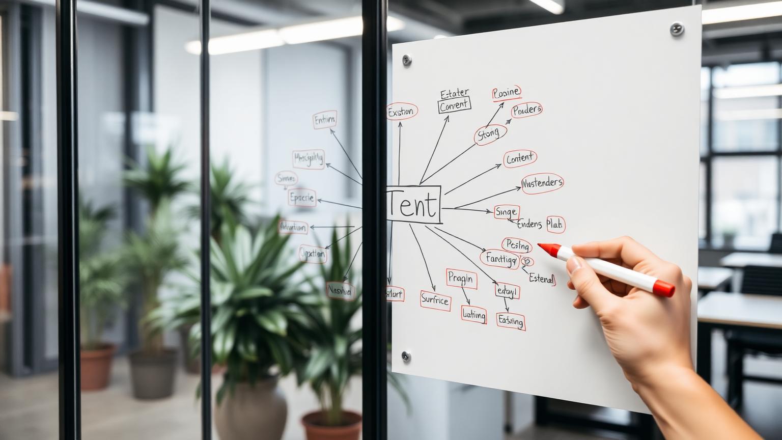 Whiteboard diagram showing a hub-and-spoke content cluster structure for a manufacturing website