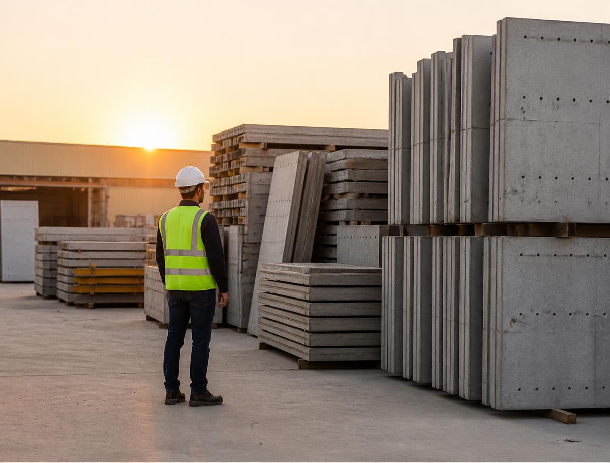 Site supervisor reviewing stacked precast concrete panels in a UAE production yard at sunset