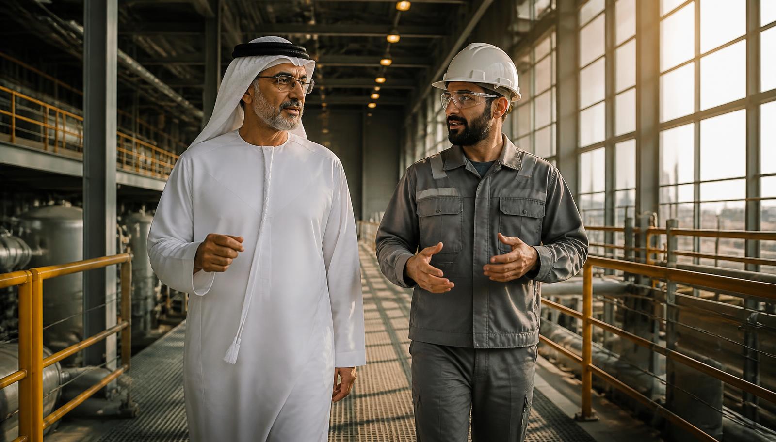 Senior UAE business executive walking through a modern industrial facility with an engineer