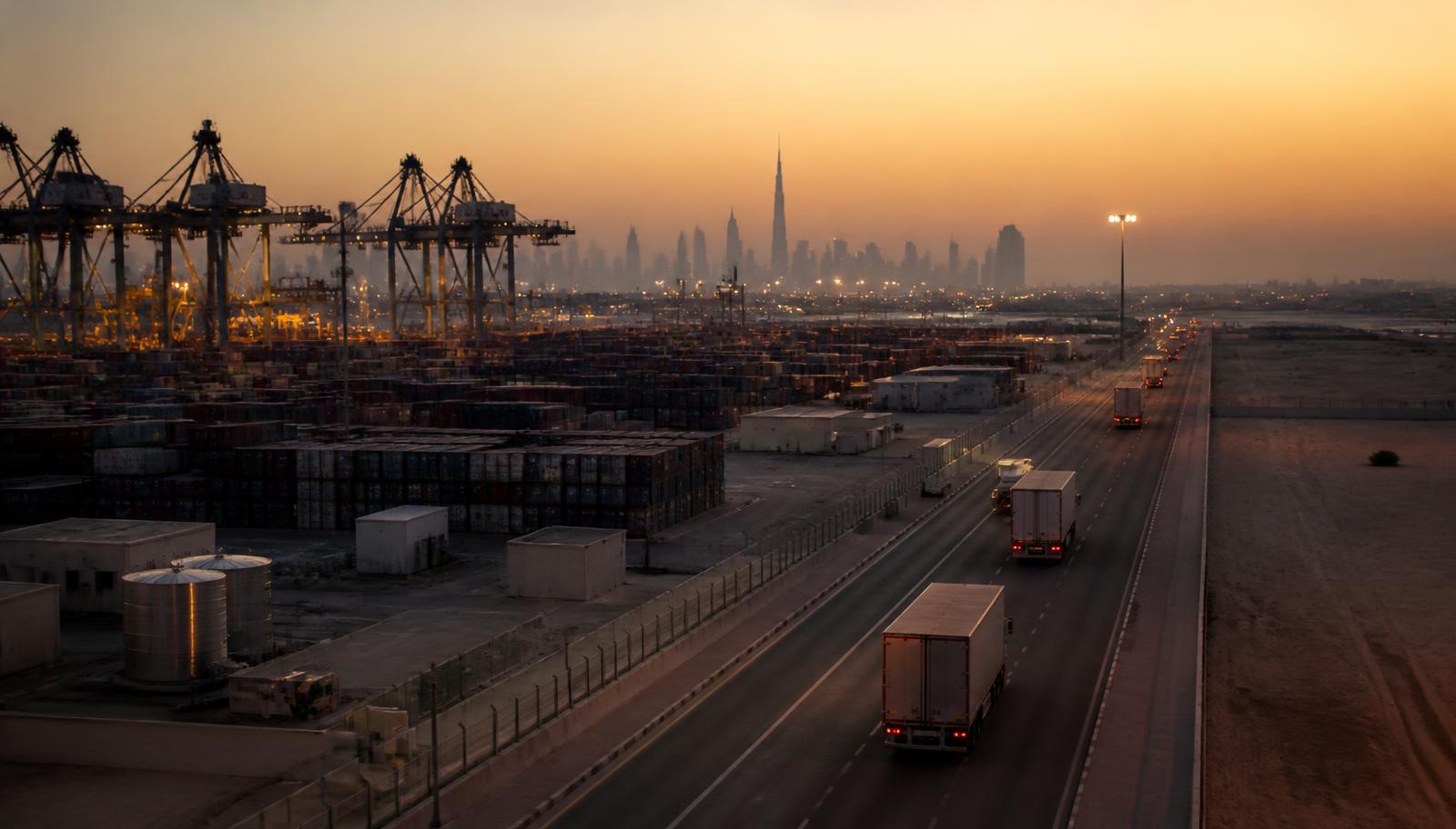 Industrial port and logistics corridor connecting UAE manufacturing to GCC markets at dusk