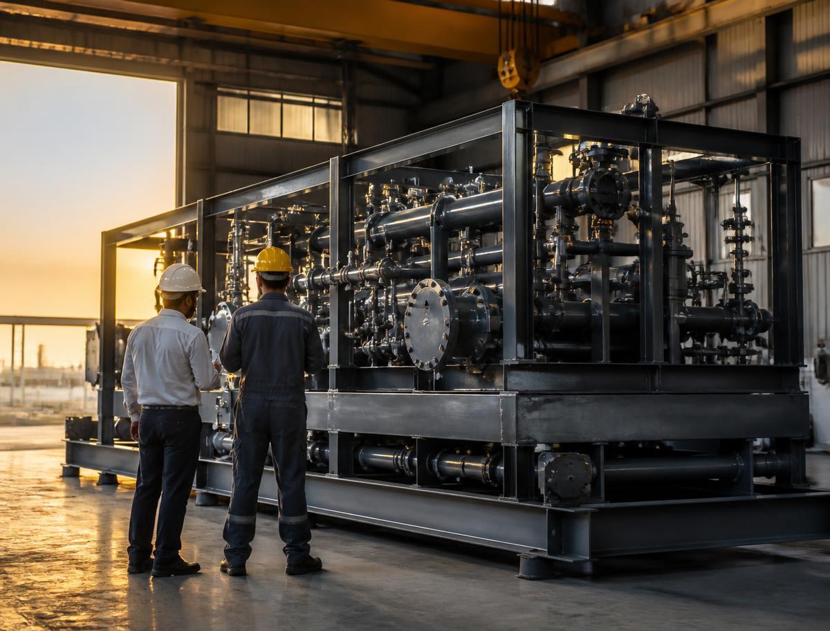 Two engineers reviewing a large engineered equipment skid inside a UAE assembly hall