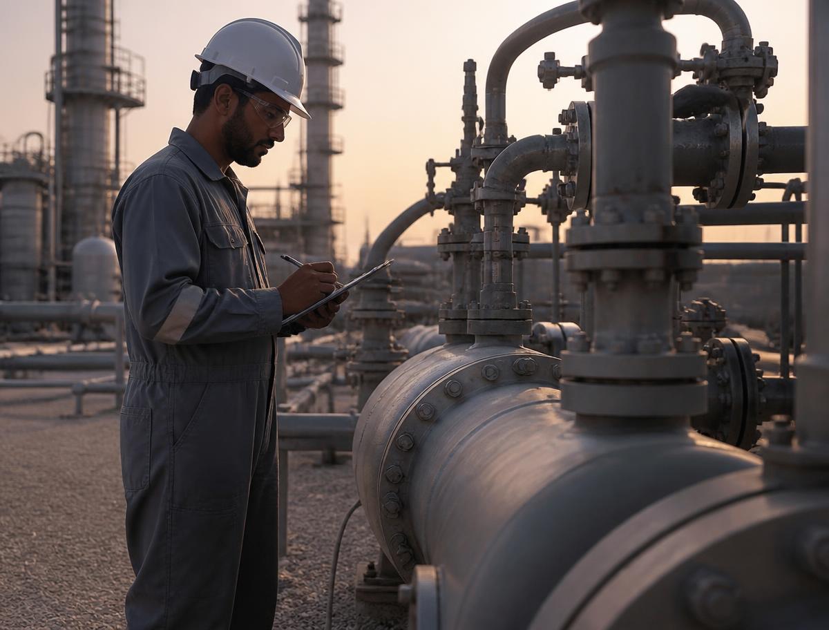 Engineer inspecting pipework and valves at a UAE oil and gas equipment facility at dusk
