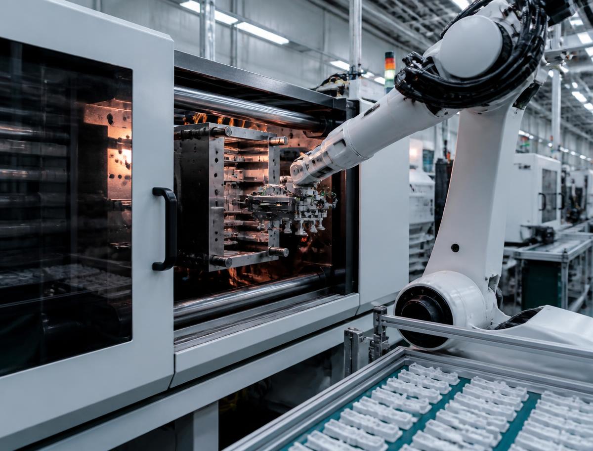 Robotic arm removing moulded parts from an injection moulding machine in a clean production hall