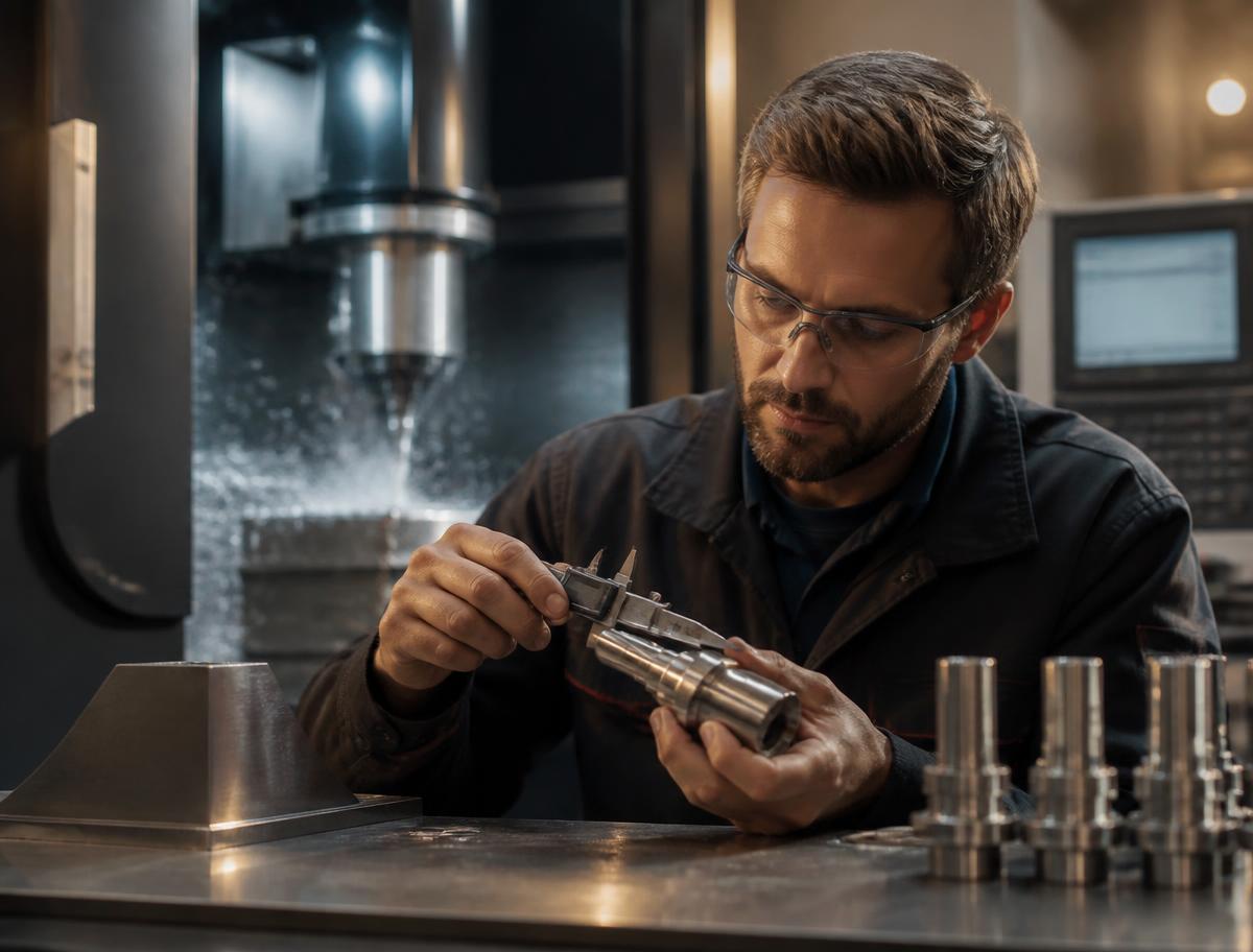 Engineer measuring a machined component with calipers beside a CNC machine