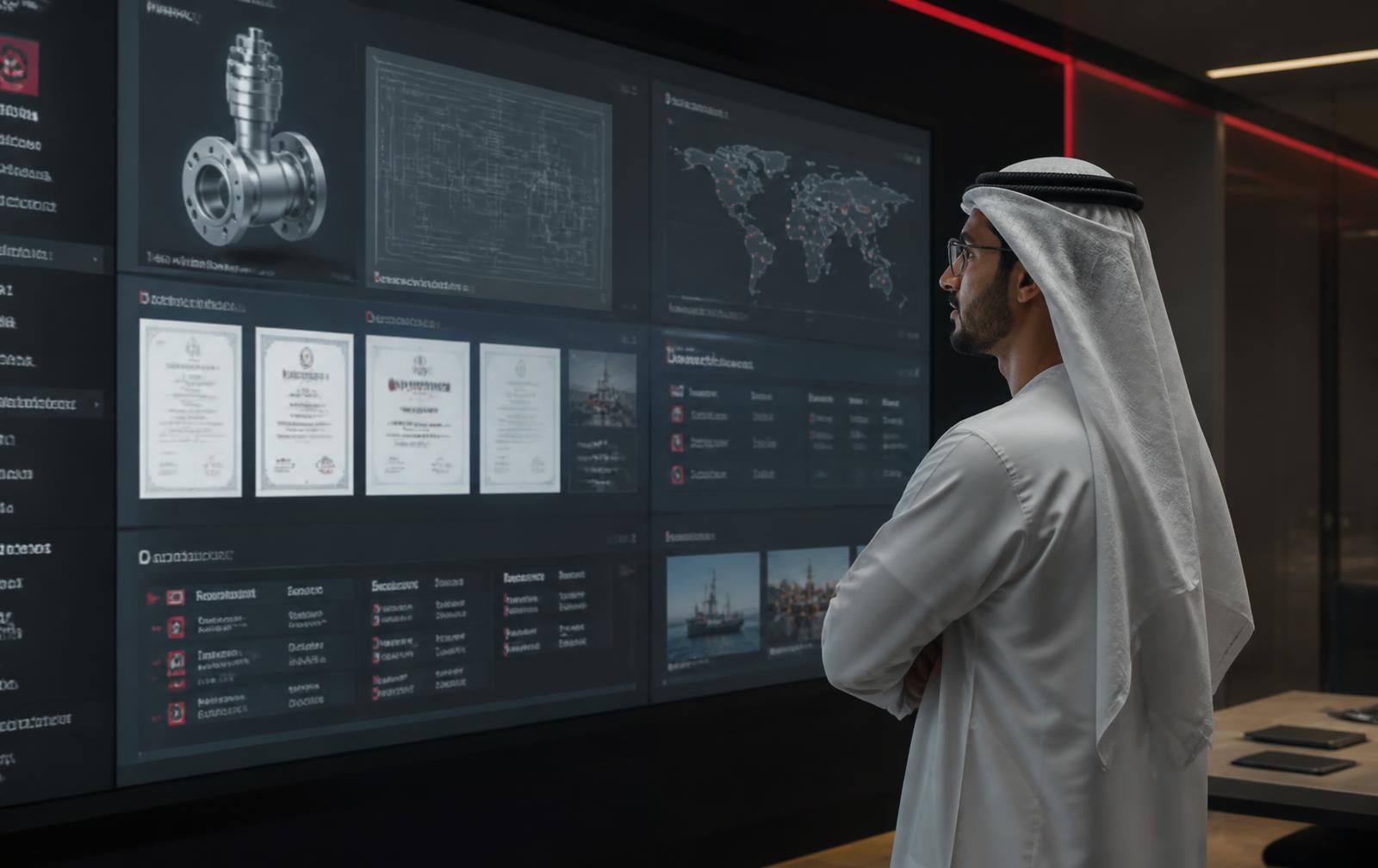 Procurement engineer reviewing a digital supplier dossier on a large display in a UAE control room