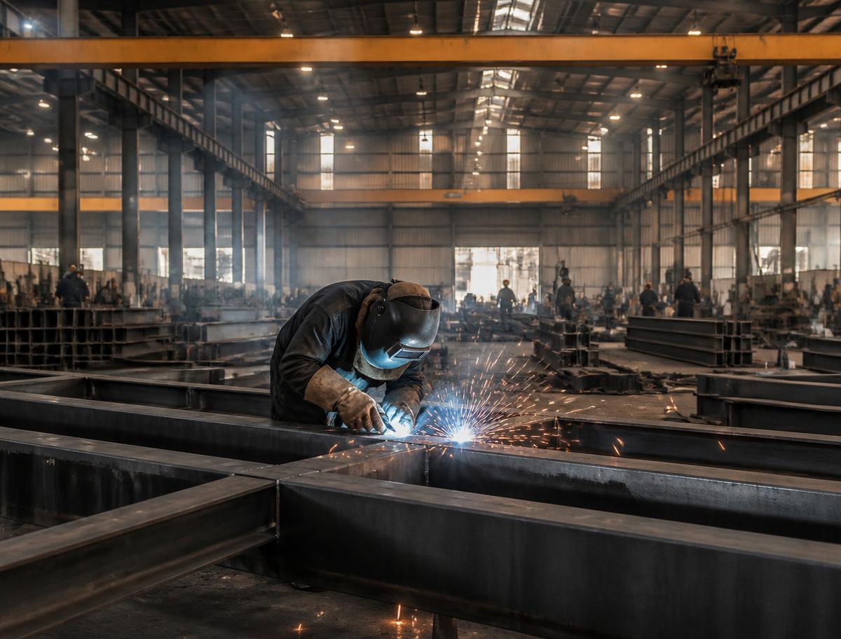 Welder joining structural steel sections inside a large UAE fabrication facility