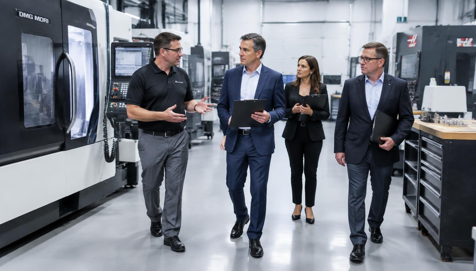 Business buyers with clipboards touring a clean CNC machine shop with the owner during due diligence