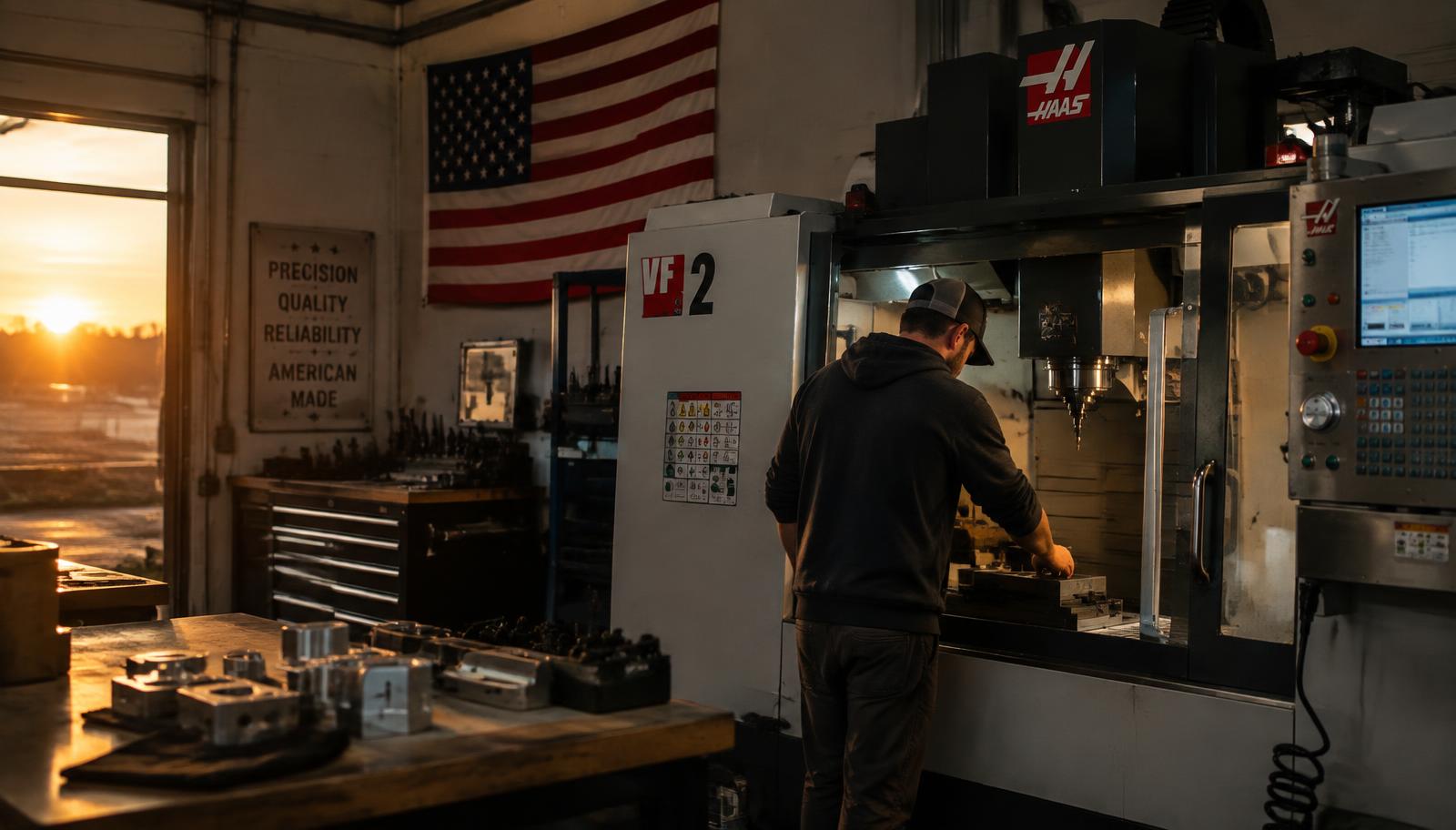 Machinist loading a CNC vertical mill at dawn inside a small American machine shop with a US flag on the wall