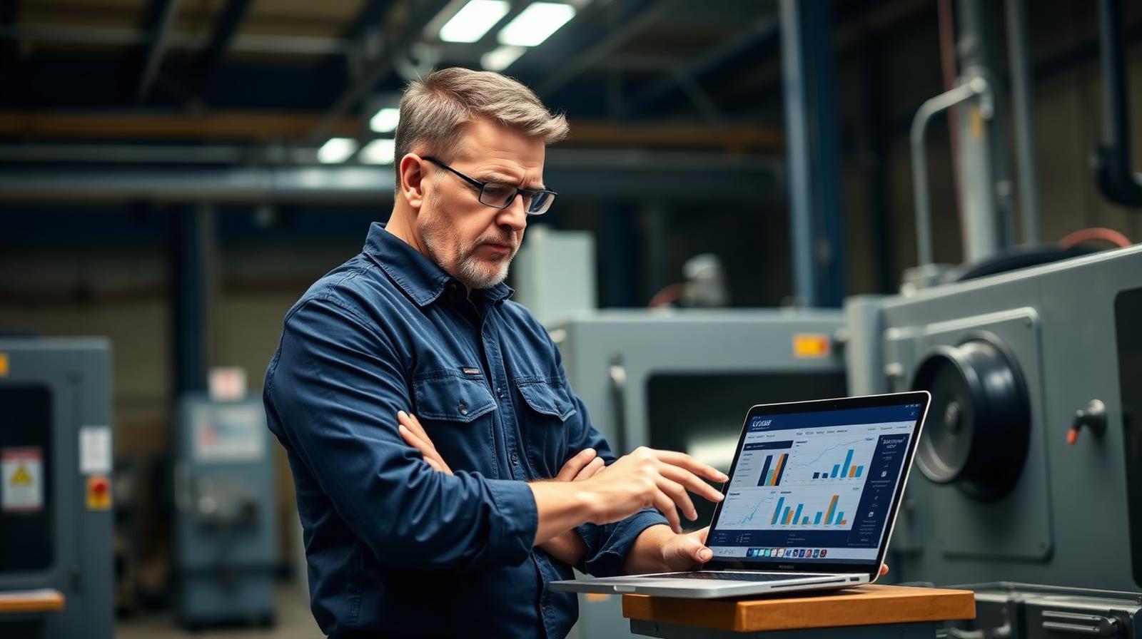 American manufacturer reviewing a marketing dashboard on a laptop in a CNC machine shop