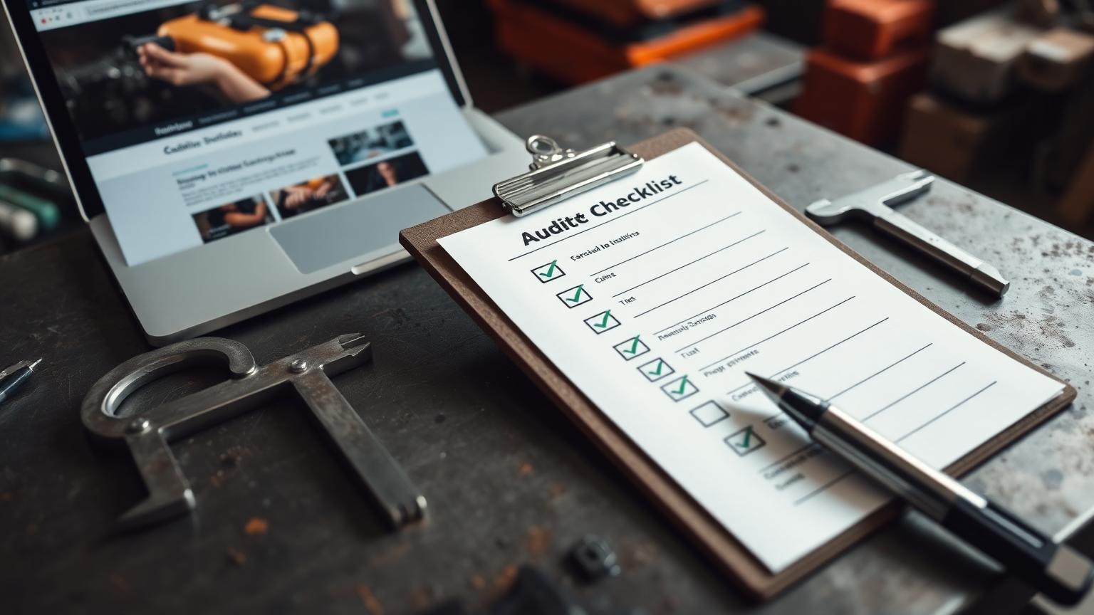Checklist overlay on a manufacturing website homepage being reviewed
